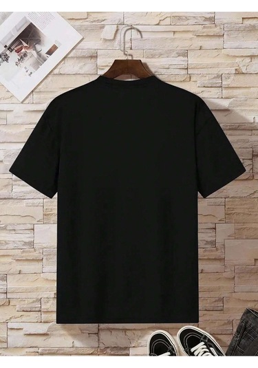 Relax T-shirt - Siyah Baskılı Oversize Bisiklet Yaka Kısa Kol Tişört Siyah