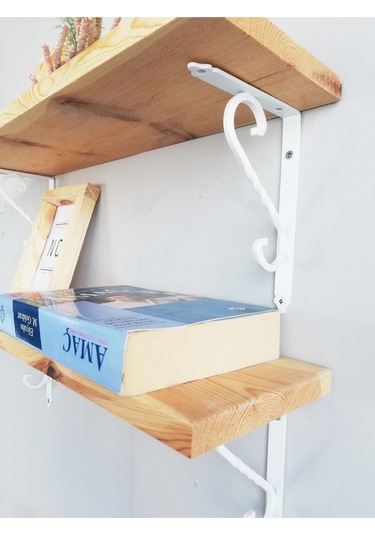 2'li Beyaz Ferforje Metal Ayaklı, Ahşap Kitaplık Duvar Rafı 50x11