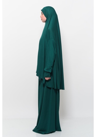 Pratik 2 Parça Pamuklu Yarasa Kollu Başörtülü Tesettür Namaz Elbisesi Yeşil Antrasit