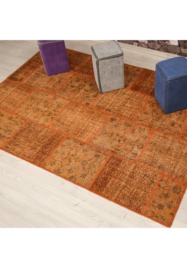 Patchwork El Dokuma Antik Anadolu Halı Orange Country Turuncu