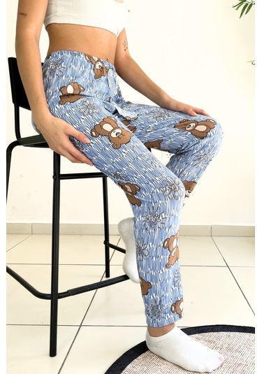 Dreamy Soft Kadife Dokulu Ayıcık Desenli Süet Pijama Altı Pantolon Mavi