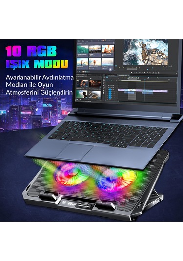 Juo Odin Rgb Işıklı Gaming 2200rpm Çift Fan Led Display Laptop Notebook Soğutucu Stand