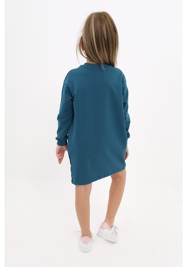 Toontoy Kız Çocuk Bisiklet Yaka Baskılı Elbise Petrol Mavi