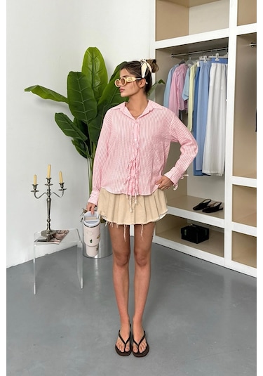 Jee Lee Kadın Uzun Kollu Bağlama Detaylı Çizgili Gömlek Pembe - 26y 2123 Pembe