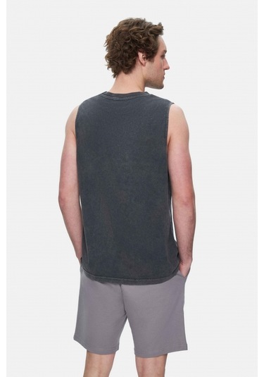 Elton Siyah Bisiklet Yaka Sıfır Kol Yıkamalı Baskılı Oversize Erkek Tshirt Siyah