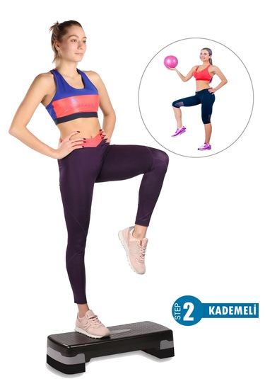 2 Kademeli Kaymaz Taban Fitness Egzersiz Step Tahtası+denge Topu
