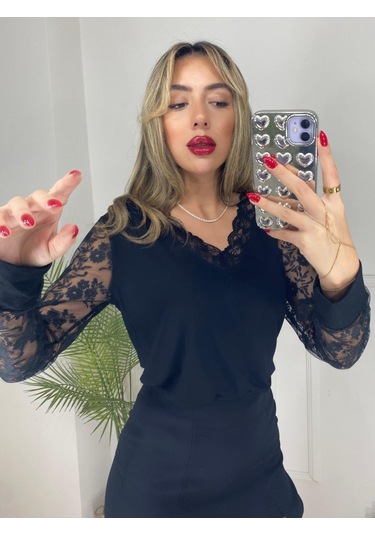 Modasize Kadın Uzun Kollu V Yakalı Dantel Detaylı Viskon Bluz Siyah