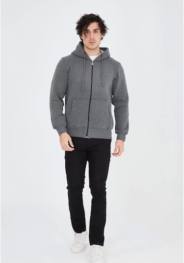 Unisex Tam Fermuarlı Kapşonlu Sweatshirt - Füme Füme