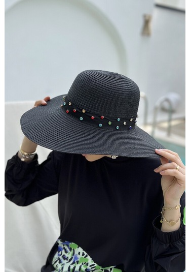 Remsa Şerit Taşlı Hasır Şapka Rş-97 Siyah Siyah