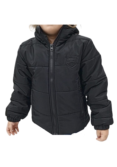 Erkek Çocuk Spedy Armalı Kapüşonu Sabit Fermuar Cepli İçi Peluş Astarlı Siyah Mont Siyah