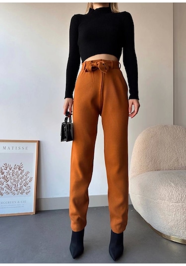 Kendinden Kemerli Triko Pantolon Camel Camel