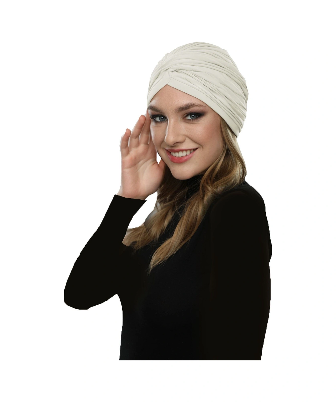 Çapraz W Nervürlü Ensesi Bantlı Krem Hazır Türban Tesettür Havuz Bonesi Krem