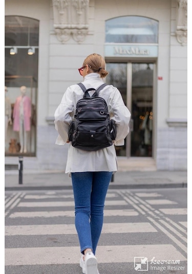 Yıkama Deri Kadın Sırt Çantası Siyah