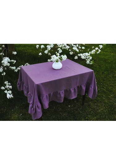 Buldan Keten Fırfırlı Vintage Mor Masa Örtüsü Mor