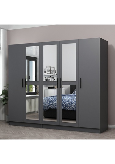 Minar Kale 5 Kapaklı 3 Aynalı 2 Çekmeceli Dolap Antrasit 210cm Antrasit