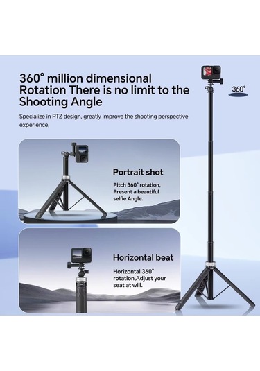 Tongxida 360 Derece Dönen 1,5m Selfie Çubuğu Katlanabilir Tripod Gopro Hero / Insta360 / Djı Osmo Action Siyah