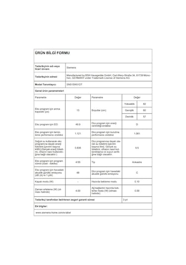 Siemens SN515W01DT 5 Programlı 13 Kişilik Yarı Ankastre Bulaşık Makinesi