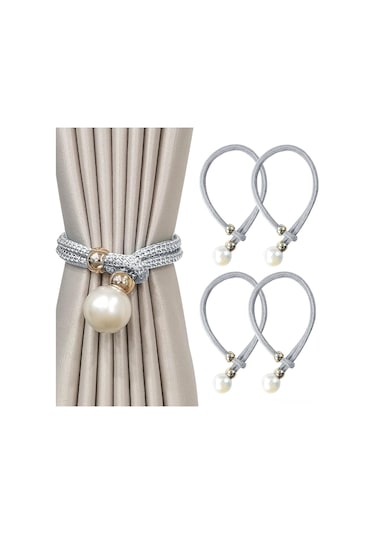 Hfambition Gri Büyük İnci Perde Bağlayıcı Seti - 4 Adet, Poliester İp + Sahte İnci Top, Ev Ofis Dekoru, Kolay Kullanım