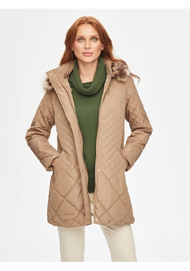 Faik Sönmez Kürk Kapüşonlu Kapitone Kadın Kaban B00041 Bej