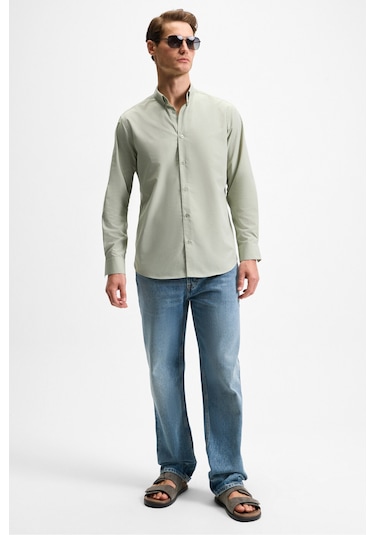 RISTO Erkek Düğmeli Yıkama Sonrası Ütü İhtiyacını En Aza İndiren Kumaş Gömlek Yaka Manşetli Yeşil Gö
