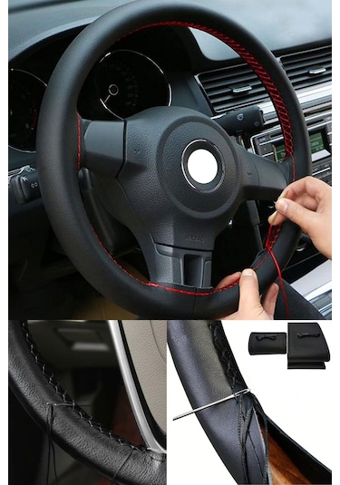 Citroen C4 2004-2010 Uyumlu Direksiyon Kılıfı Dikmeli Siyah Deri / Siyah Dikişli