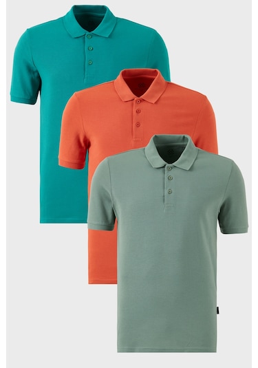 Buratti Pamuklu Regular Fit Düğmeli Polo Yaka 3'Lü Paket Erkek T Shirt 5902127S3 Tarçın-Benetton-Elma Yeşili
