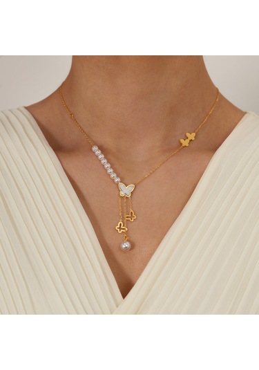 Sones Opk Gx2433 Vintage Hollow Kelebek Püskül İnci Kolye Paslanmaz Çelik Kolye