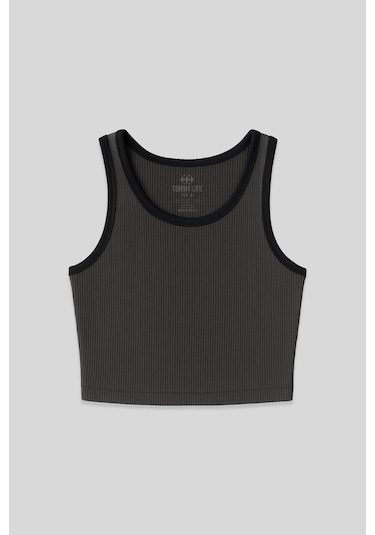 Tommy Life Antrasit Basic Sıfır Kol Dar Kalıp U Yaka Kadın Crop Top Atlet - 97160 Antrasit