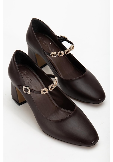 Kadın Stiletto Topuklu Ayakkabı Kahve Suni Deri Baret Taşlı Kalın Topuklu-4172 Kahve