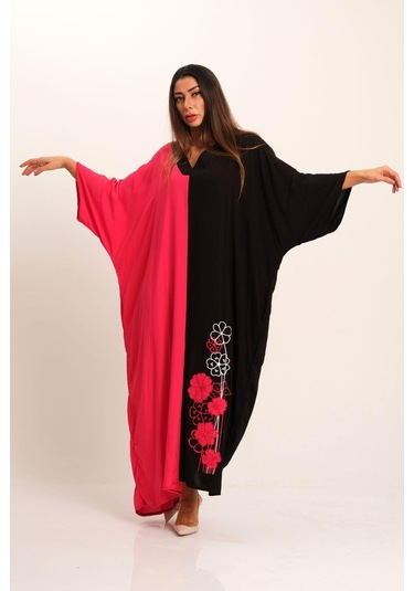 Kadın Pembe Siyah Garnili V Yaka Eteği Nakışlı Cepli Oversize Uzun Elbise - Pembe