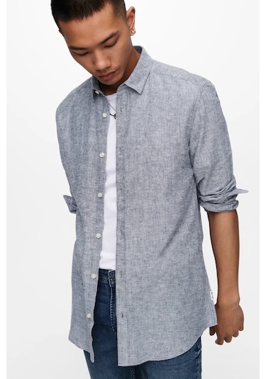 Only & Sons Erkek Onscaiden Slim Fit Keten Gömlek 22012321 Lacivert Lacivert