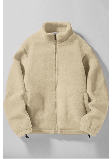 Ghassy Co. Erkek Alaska Regular Peluş Sherpa Kışlık Tam Fermuarlı Polar Sweatshirt Taş