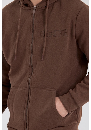 Age Of State Nakışlı Fermuarlı 3 İplik Sweatshirt Kahverengi