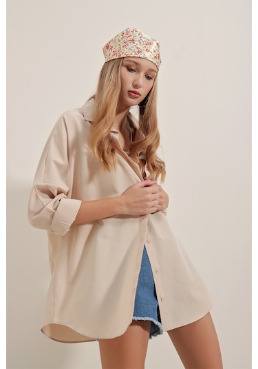 Bigdart 3900 Oversize Uzun Basic Gömlek - Krem 001