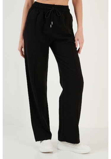Lela Pamuk Ve Keten Karışımlı Yüksek Bel Rahat Kesim Bol Paça Spor Bayan Pantolon 5865022 Siyah