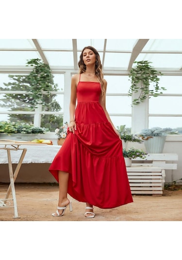 Hnxc Kadın Moda Yaz Bahar Düz Renk Baskı Kolsuz Kare Yaka Günlük Elbiseler Kırmızı