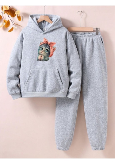 Fyk Kids Kedi Baskılı Kız Çocuk Eşofman Takımı Gri
