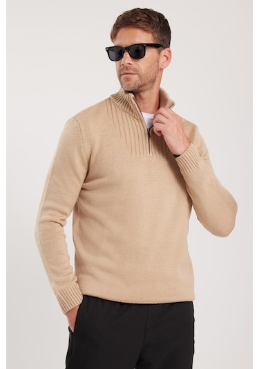 Erkek 3'lü Paket Taş-açık Gri-lacivert Slim Fit Dar Kesim Fermuarlı Dik Yaka Triko Kazak-41816 Çok Renkli