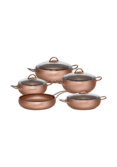 Espela - 3545 - 9 Parça - Bio Granit -tencere, Tava, Çeyiz Seti, Bakır Renk - Bakır Detay Bakır