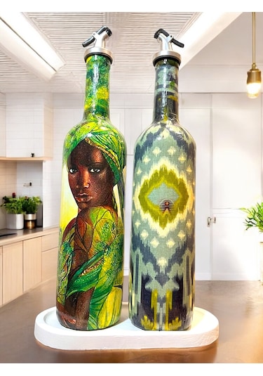 Geleneksel Desenler Ve Yerli Kadın Temalı Yağdanlık, Sirkelik Ve Sosluk Seti Vintage Mutfak Dekor Açık Yeşil