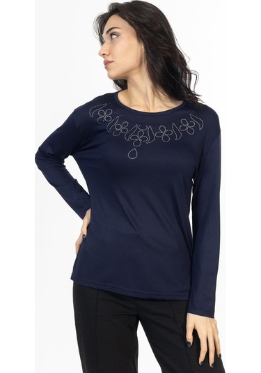 Yeni Model Taş İşlemeli Yuvarlak Yaka Likralı Anne Penye Bluz 6435-lacivert Lacivert