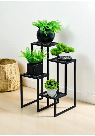 Dekoratif Metal 4 Raflı Saksılık Katlı Dikey Saksı Standı Çiçeklik Bahçe Ve Balkon Dekoru Garden Siyah