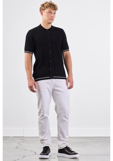 Dufy Siyah Polo Düğmeli Fitilli Kısa Kollu Slim Fit Erkek Triko Siyah