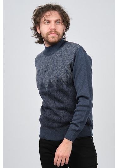 Ateş Triko Erkek Yarım Balıkçı Yaka Desenli Kazak 6091804 Indigo Indigo İndigo