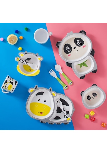 Sones Bambu Elyaf Çocuk Sofra Takımı Ev Sevimli Karikatür Bebek Maması Takviyesi Tabak Seti 042 Aslan