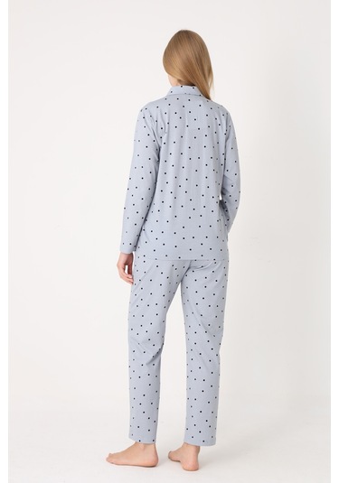 Nbb Kadın Gri Polka Dot Önden Düğmeli Pijama Takım Gri