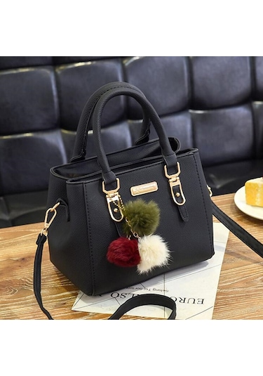 Kadınlar İçin Şık Küçük Çanta, Düz Renk Çapraz Çanta, Ponpon Topu Kolye İle Zarif Üst Sap Siyah