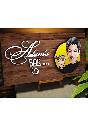 Bk Gift Kişiye Özel Karikatürlü Kabartma Tasarım Ceviz Ahşap Bar Tabelası, Home Bar Tabela, Rustik Ev Dekorasyonu, Duvar Dekoru-1
