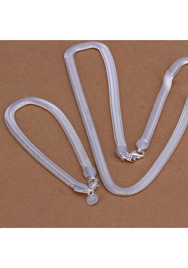 925 Ayar Gümüş 6mm Yılan Moda Zincir Kolye Bilezik Takı Seti, Zincir Uzunluğu: 60cm Ve 20cm