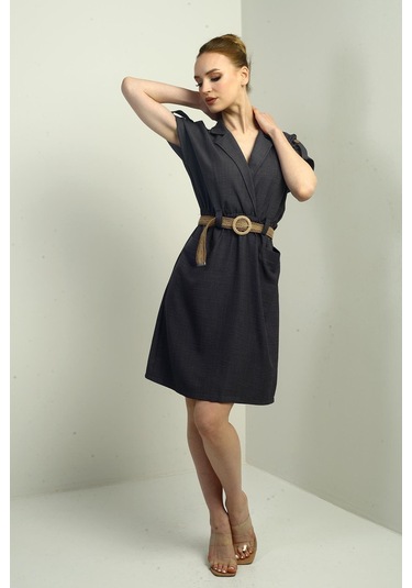 Kadın Torba Cepli Beli Kemerli Elbise-40662 Antrasit